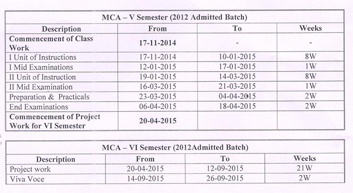 JNTUK Revised MCA V & VI Semesters Academic Calendar [2012 Admitted Batch]