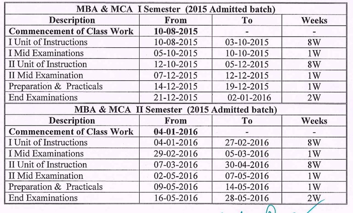 Prposed Academic Calendar MBA & MCA I sem & II sem