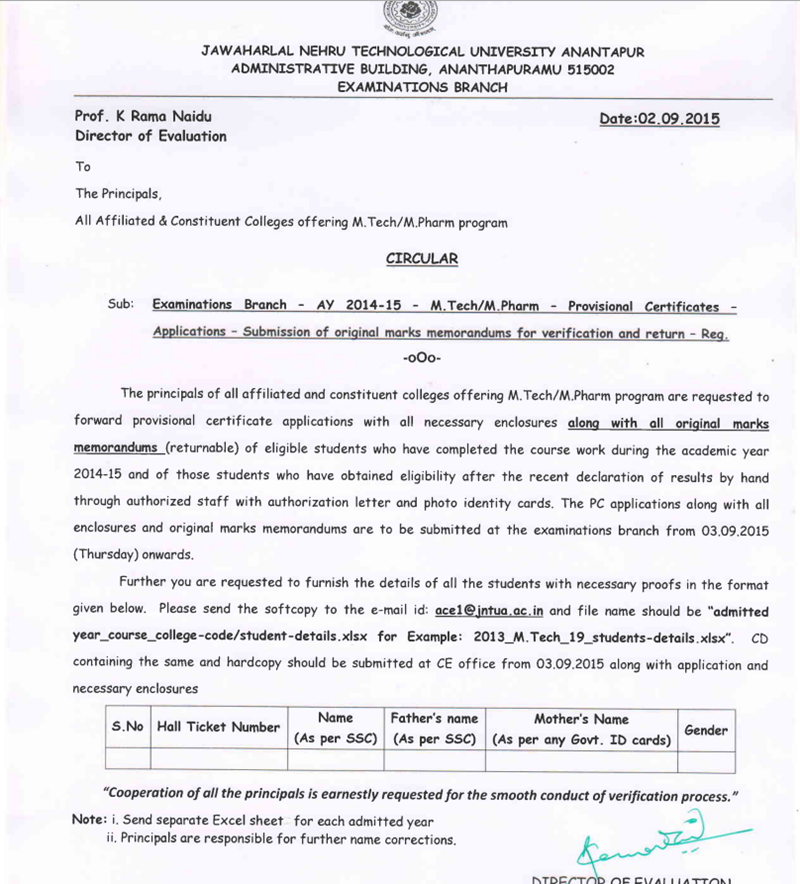 JNTUA M.Tech_M-Pharm Provisional Certificates Applications Submission