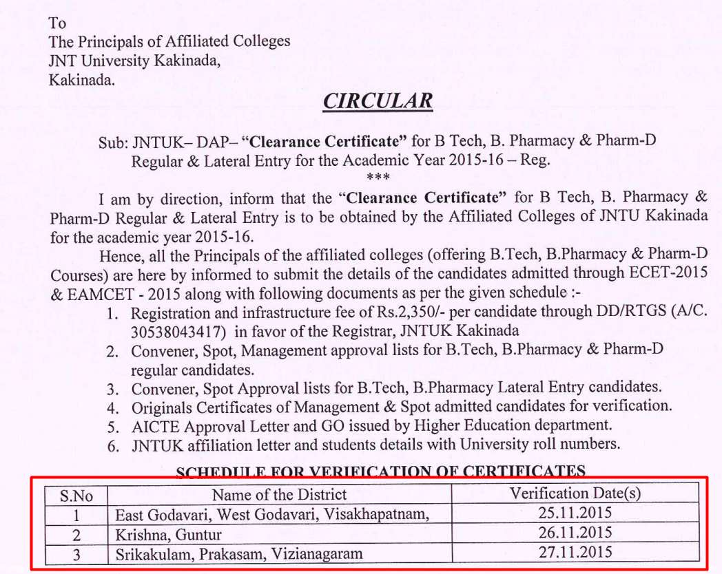 JNTUK Clearance Certificate a.y 2015-16