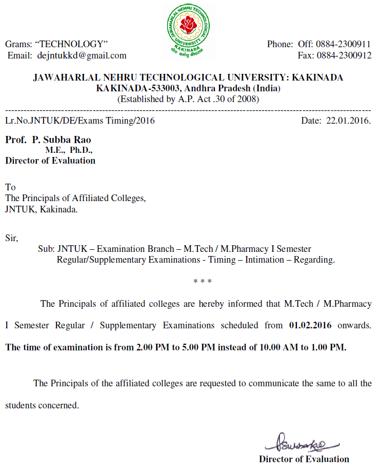 JNTUK M.Tech M.Pharmacy I Sem RegularSupply Exams - Timing