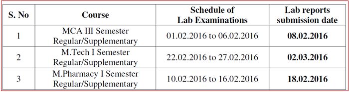 lab exam schedule feb 2016