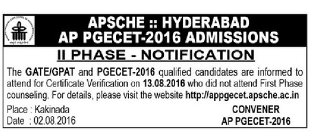 AP PGECET 2016 Phase II Notification, Counselling Dates, Web Options @ appgecet.apsche.ac.in