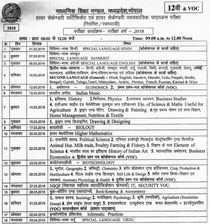 MP Board Higher Secondary Time Table 2018 - Madhya Pradesh ...