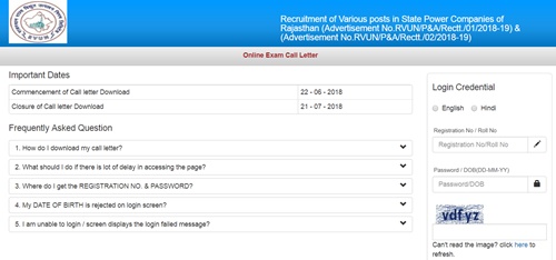 Rajasthan RVUNL Admit Card 2018