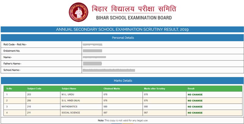 Bihar Board 10th Scrutiny Result 2019