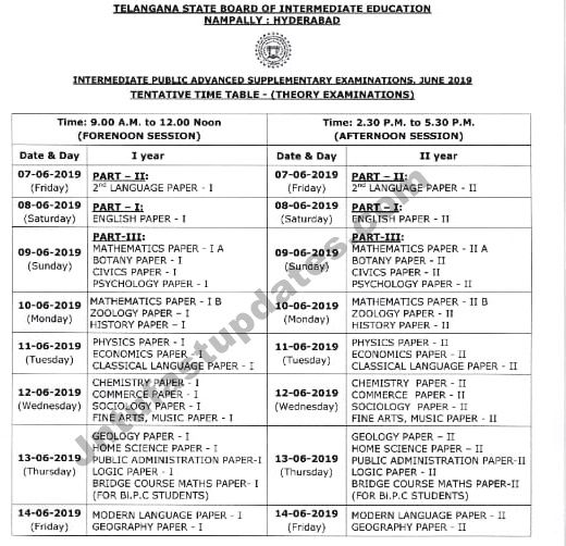 TS Inter 1st, 2nd Year Supply/Betterment Time Tables 2019 – Telangana Intermediate Advanced Supply Dates
