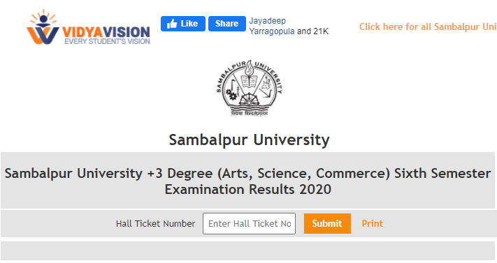 Sambalpur University +3 6th Sem Result 2020 (Released) For Arts, Science, Commerce