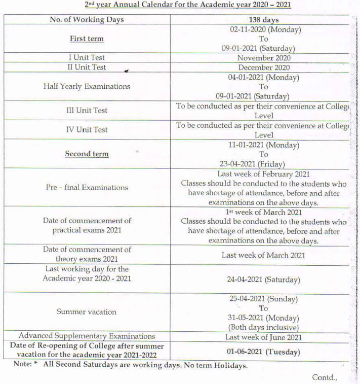 AP Inter 1st & 2nd Year Academic Calendar 2020-21 (Revised)
