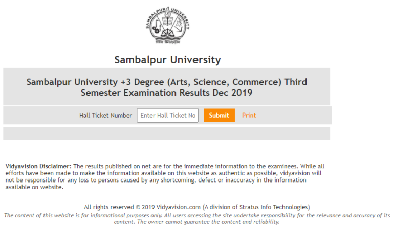 Sambalpur University 3rd Sem Result 2020 (Released) For Arts, Science, Commerce