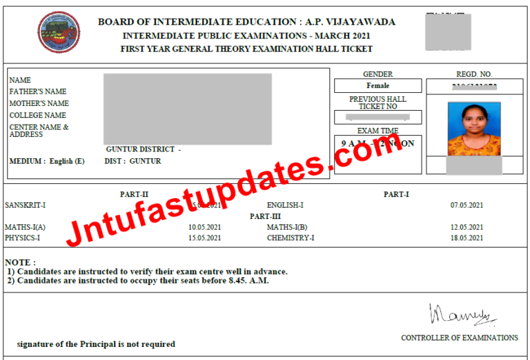 AP Inter 1st year Hall Tickets 2021 Download Junior Intermediate Hall