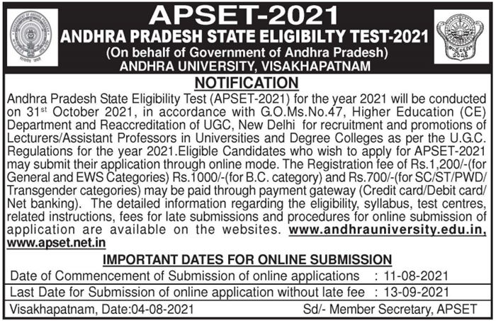 APSET 2021 Notification, Application Form – Apply Online, Exam Dates @ apset.net.in
