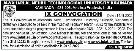 JNTUK 9th Convocation Notification 2023 – ONLINE OD Instructions For Applying